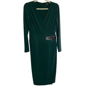 Lauren Ralph Lauren Black Label Women Size 4 Green Jersey Buckle Faux Wrap Dress